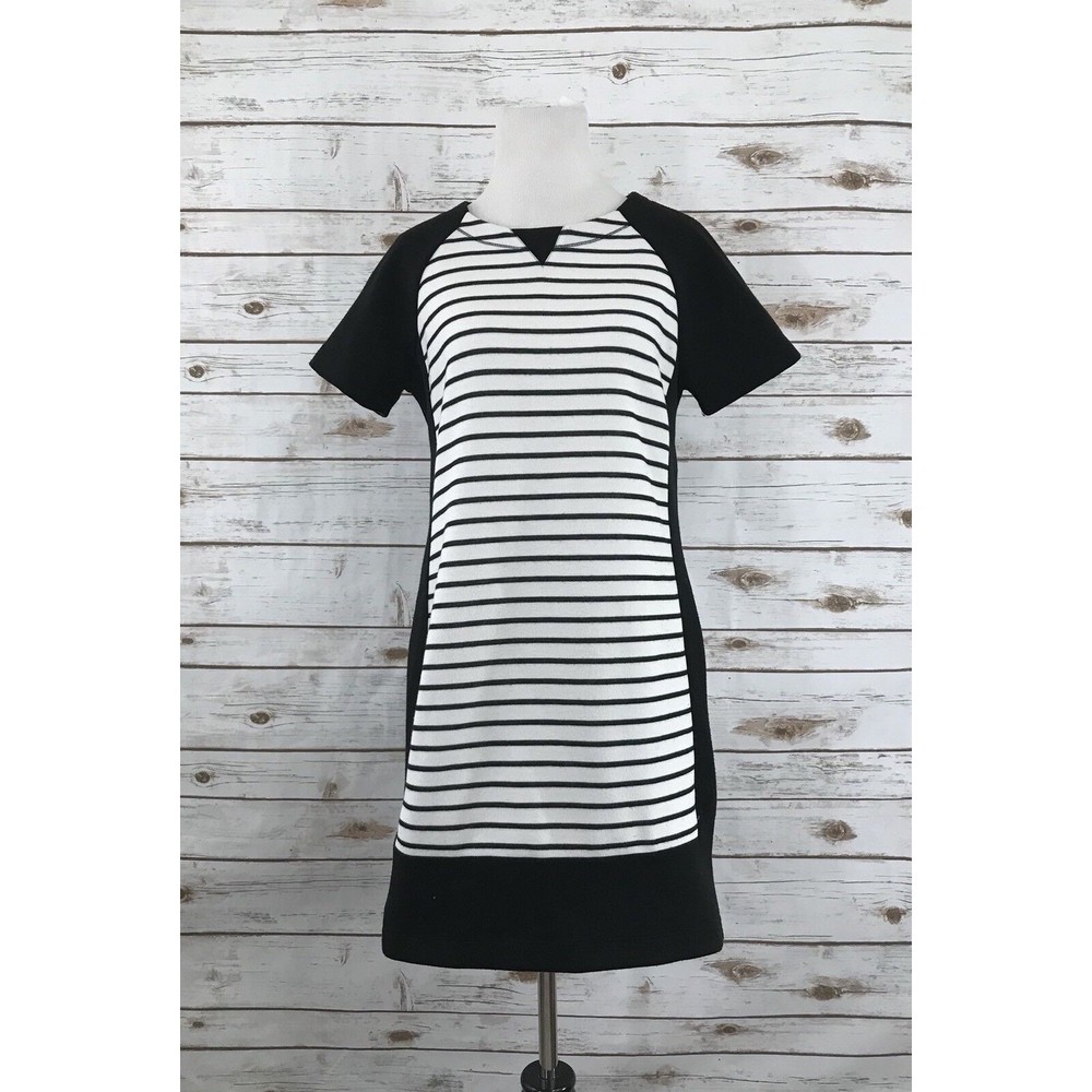 Lou & Grey Knit‎ Tunic Dress Size M Black White Stripe Short Sleeves